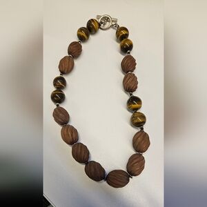 ELLEN TRACY TIGER EYE AND WOOD BEAD NECKLACE